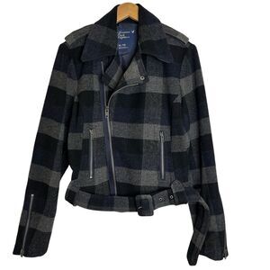 American Eagle Outfitters Women Wool Blend Moto Jacket Plaid Coat Y2K Sz XL